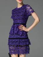 Romwe Purple Crochet Hollow Out Ruffle Sheath Dress