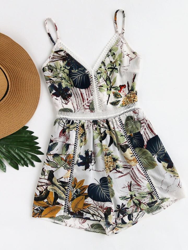 Romwe Palm Leaf Hollow Out Knot Open Back Romper