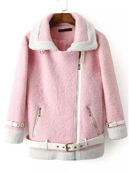 Romwe Women Lapel Zipper Belt Pink Jacket