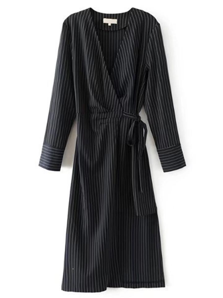 Romwe Vertical Striped Self Tie Surplice Dress