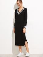 Romwe Black V Neck Striped Trim Split Side Sweater Dress