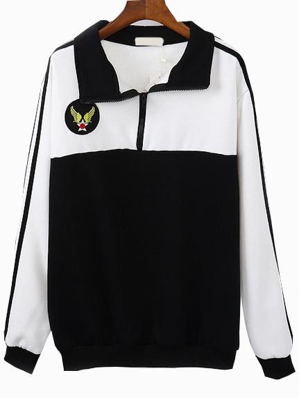 Romwe Lapel Striped Embroidered Color-bloack Sweatshirt