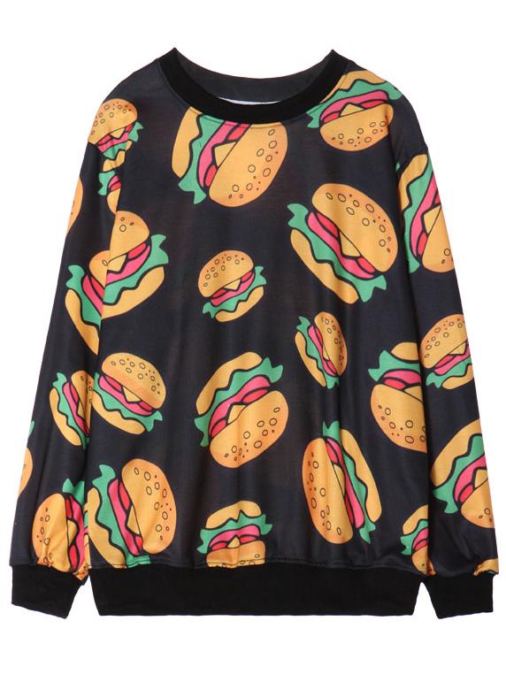 Romwe Hamburger Print Black Sweatshirt