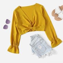 Romwe Deep V Neck Twist Front Blouse