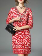 Romwe Red V Neck Beading Print Dress