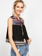 Romwe Tasseled Tie Tribal Embroidered Yoke And Hem Blouse