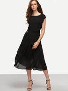 Romwe Buckle Waist Folded Chiffon Dress - Black