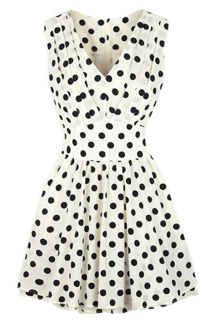 Romwe Romwe V-neck Polka Dots Print Pleated White Dress