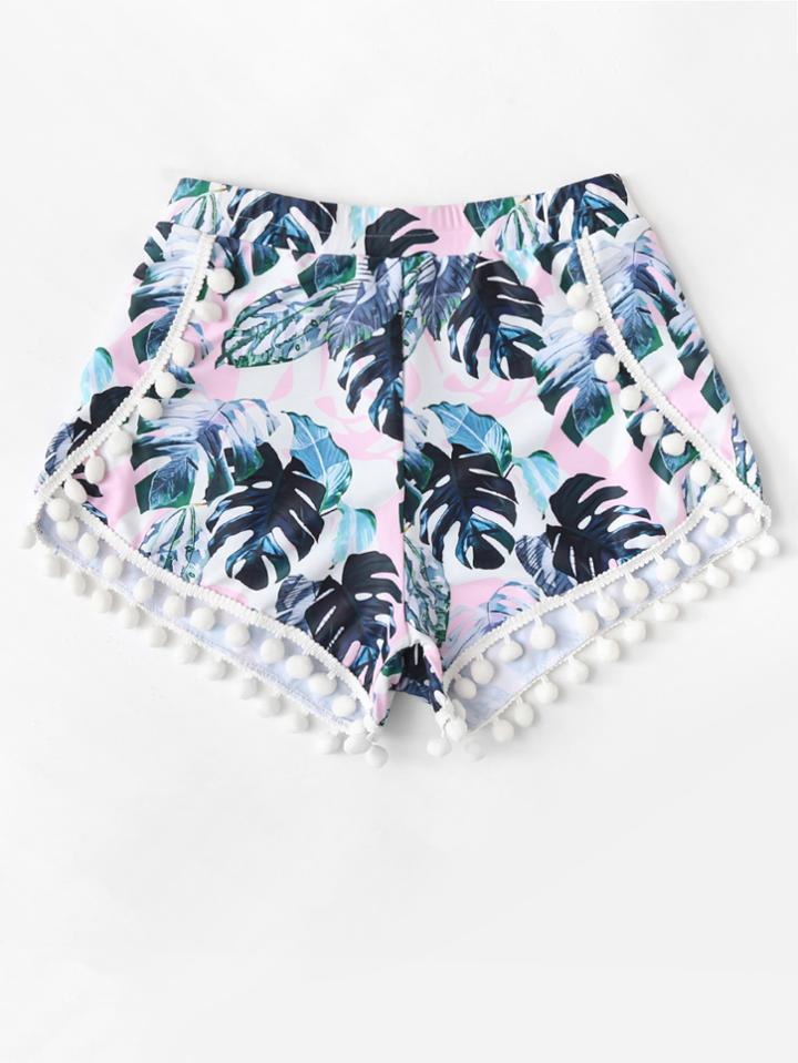 Romwe Pom Pom Trim Tropical Swim Cover Up Shorts