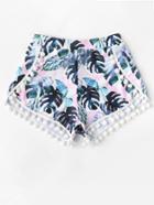 Romwe Pom Pom Trim Tropical Swim Cover Up Shorts