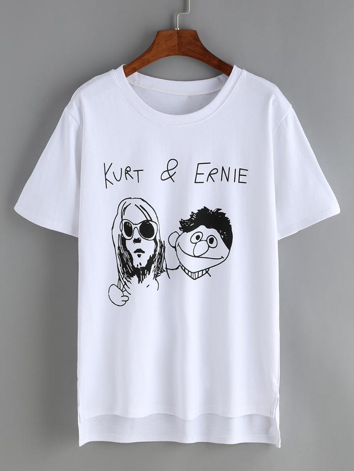 Romwe Dip Hem Cartoon Print White T-shirt