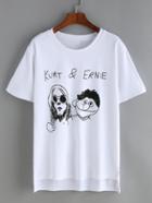 Romwe Dip Hem Cartoon Print White T-shirt