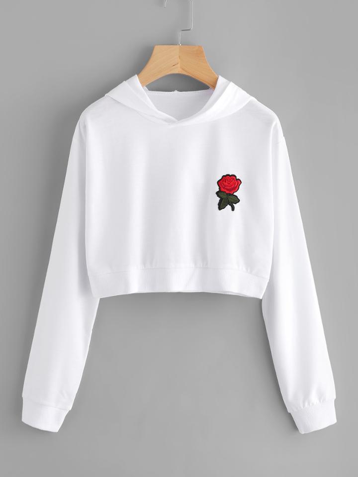 Romwe Rose Embroidered Patch Crop Hoodie