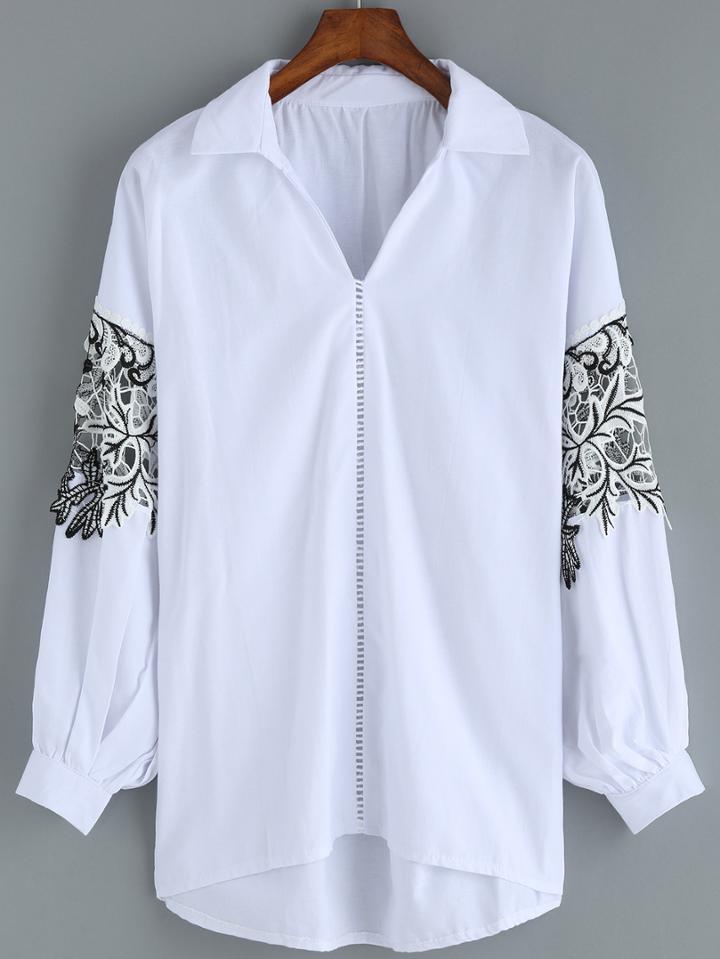 Romwe Contrast Lace Dip Hem Blouse