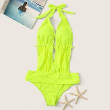 Romwe Neon Yellow Halter Cutout Plunge Neck Monokini