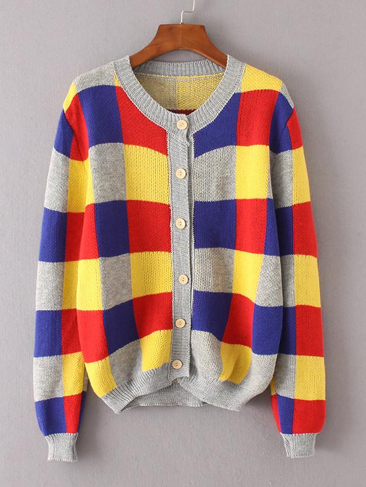 Romwe Color Block Button Up Plaid Cardigan