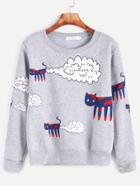 Romwe Heather Grey Cartoon Cat Print Sweatshirt