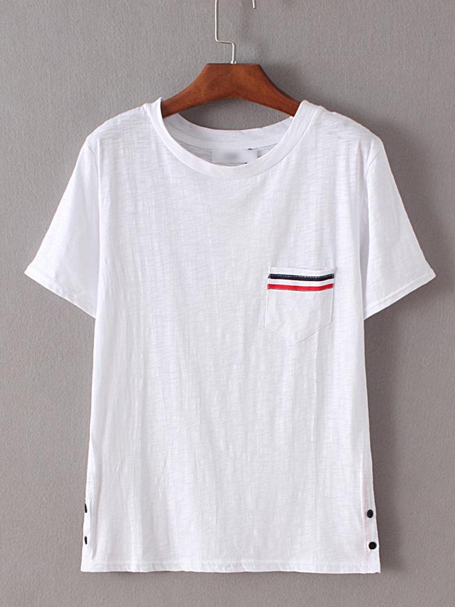 Romwe White Round Neck Pocket Button Side T-shirt