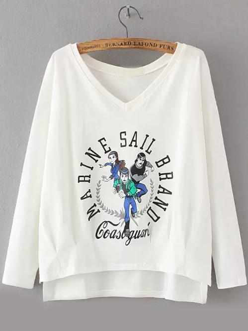 Romwe V Neck Dip Hem Cartoon Print White T-shirt