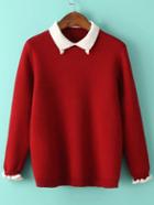 Romwe Contrast Lapel Ruffle Red Sweater