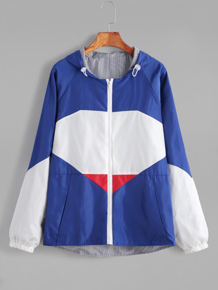 Romwe Contrast Striped Lining Raglan Sleeve Dip Hem Hooded Coat