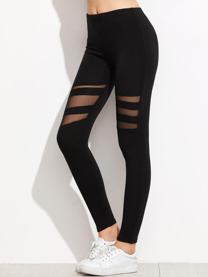 Romwe Black Mesh Insert Leggings