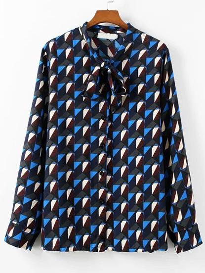 Romwe Tie Neck Geometric Print Blue Blouse