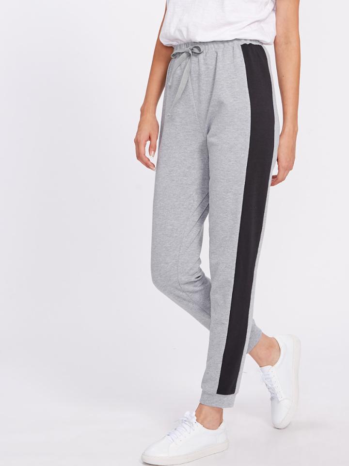 Romwe Contrast Panel Heather Knit Drawstring Sweatpants