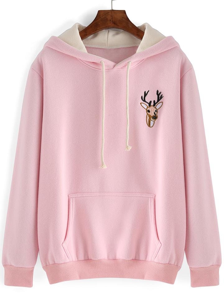 Romwe Hooded Drawstring Deer Embroidered Sweatshirt With Pocket