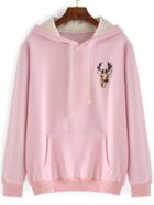 Romwe Hooded Drawstring Deer Embroidered Sweatshirt With Pocket