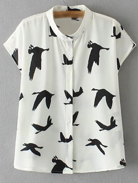 Romwe Black White Cap Sleeve Birds Print Blouse