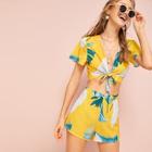 Romwe Plants Print Tie Front Top With Shorts