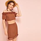 Romwe Tassel Trim Off The Shoulder Top With Skirt