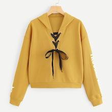 Romwe Letter Print Sleeve Lace-up Hoodie