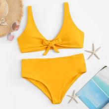 Romwe Plus Tie Front Top With High Waist Bikini