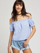 Romwe Pinstripe Self Tie Cold Shoulder Frill Top