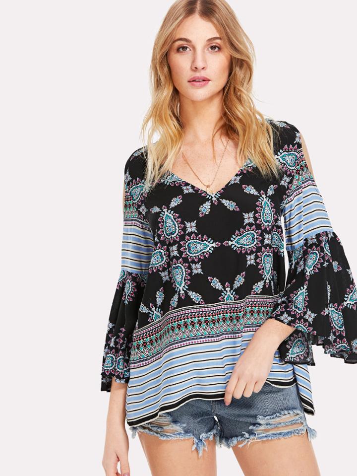 Romwe Cold Shoulder Ornate Print Top