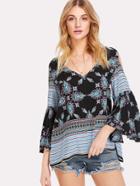 Romwe Cold Shoulder Ornate Print Top