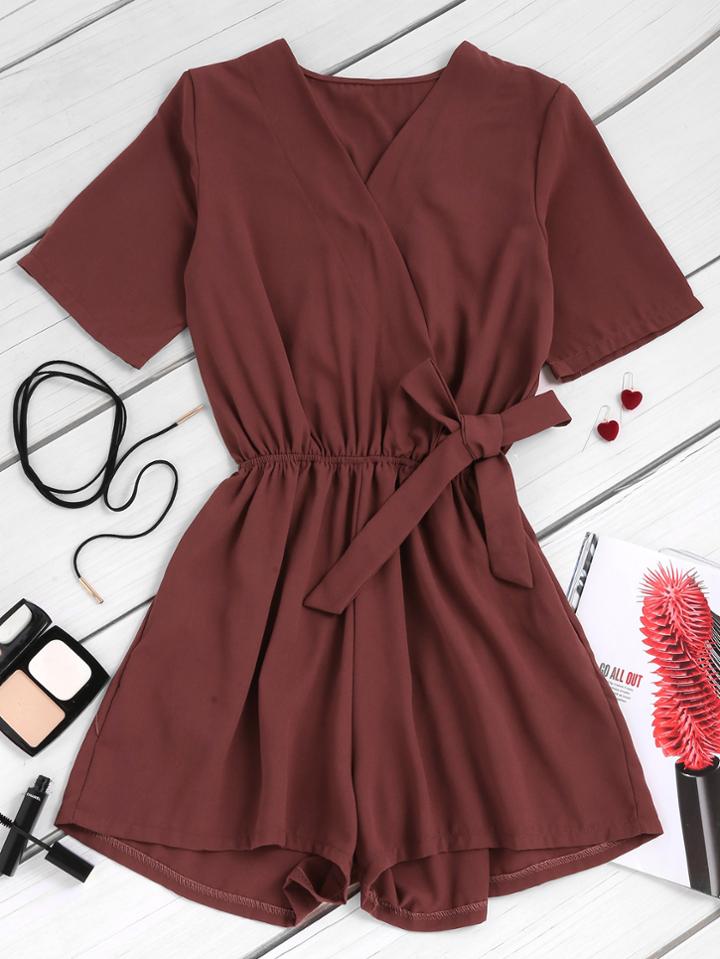 Romwe Wrap Bow Tie Front Elastic Waist Romper