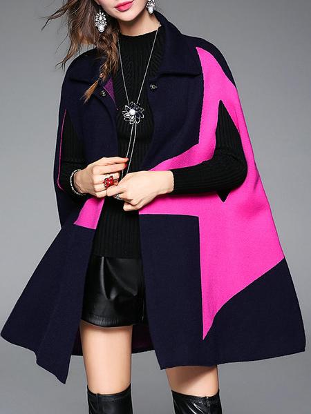 Romwe Navy Lapel Star Print Cape Coat