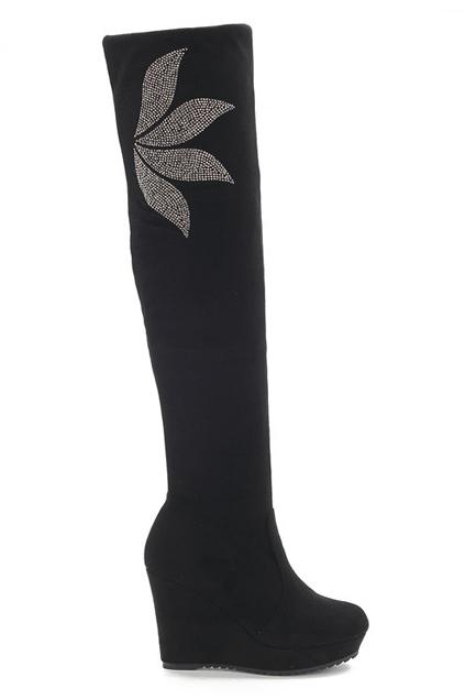 Romwe Dimante Embellished Black Thigh Boots