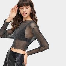 Romwe Lettuce Frill Sheer Mesh Blouse