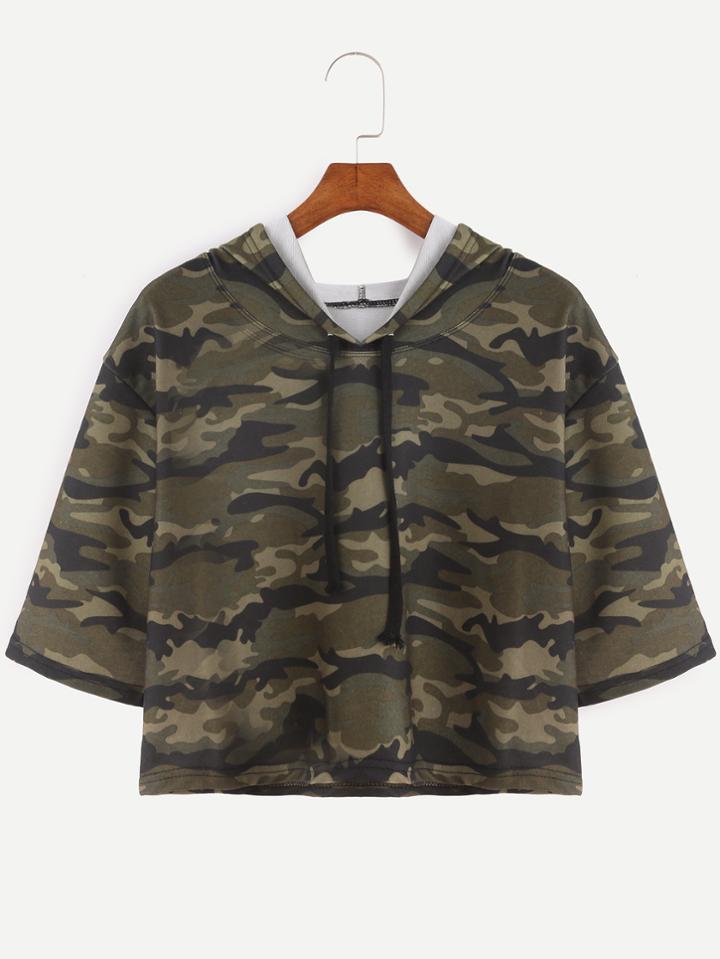 Romwe Camo Print Half Sleeve Drawstring Hooded Crop T-shirt