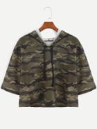 Romwe Camo Print Half Sleeve Drawstring Hooded Crop T-shirt