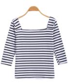 Romwe Square Neck Striped Black T-shirt