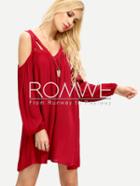 Romwe Burgundy Cold Shoulder Long Sleeve Pleated Dress