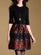 Romwe Black Knit Jacquard A-line Combo Dress