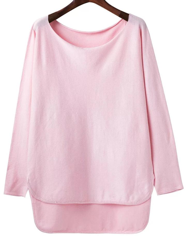 Romwe Pink Scoop Neck Dip Hem Knitwear