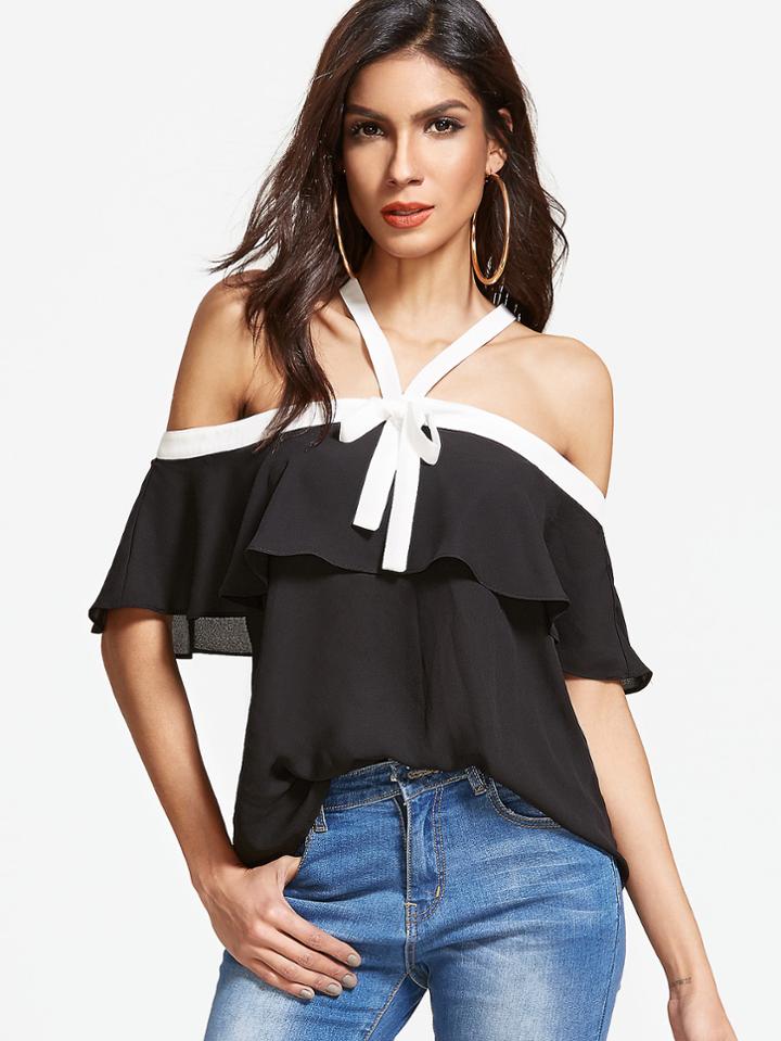 Romwe Open Shoulder Contrast Trim Self Tie Frill Top