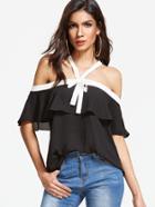 Romwe Open Shoulder Contrast Trim Self Tie Frill Top